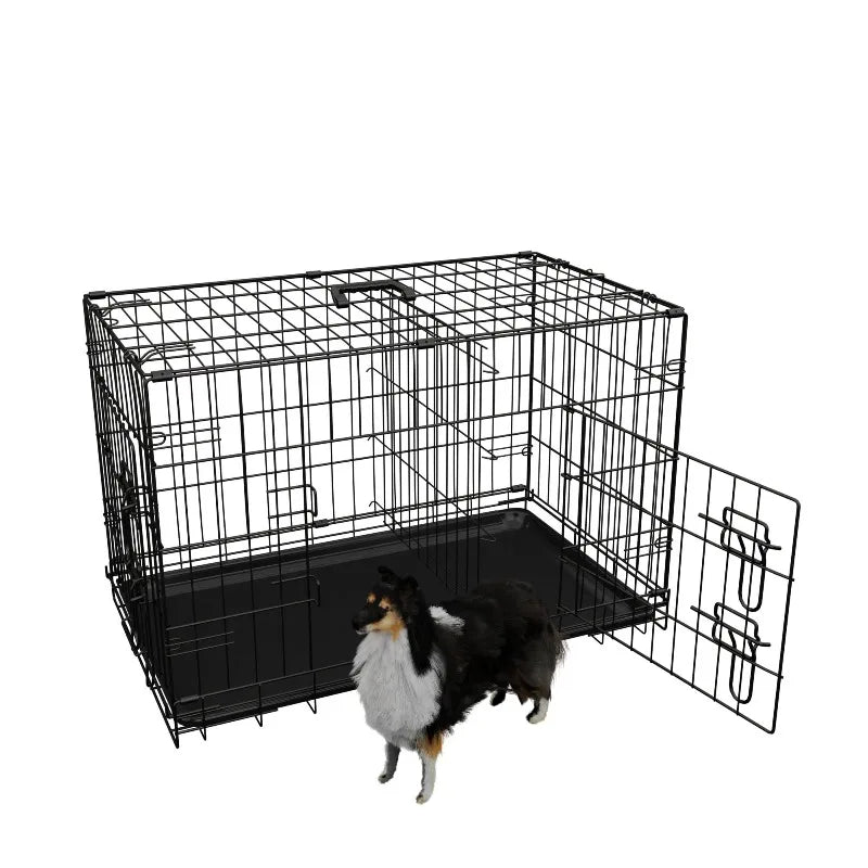 Dog Crate 36 Inch Medium Dog Cage with Divider, Leak-Proof Tray, Double Door,Folding Metal Wire Cage, Indoor Outdoor Travel