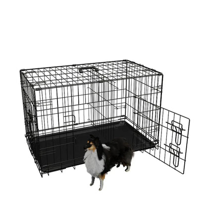 Dog Crate 36 Inch Medium Dog Cage with Divider, Leak-Proof Tray, Double Door,Folding Metal Wire Cage, Indoor Outdoor Travel