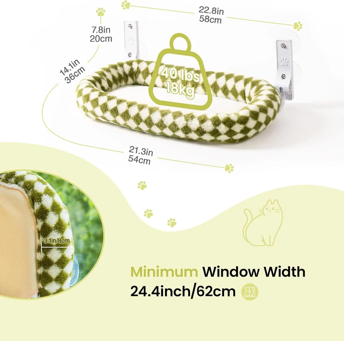 Foldable Cat Window Perch with 4 Strong Suction Cups, Cordless Cat Window Hammock Removable Soft Cover White Brown Green