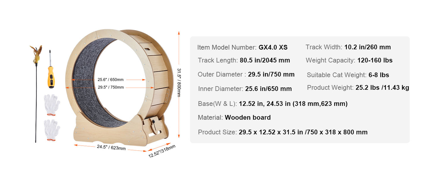 SucceBuy Wooden Cat Exercise Wheel, Treadmill Wheel for Indoor Cat, Running Wheel with Detachable Carpet& Cat Teaser