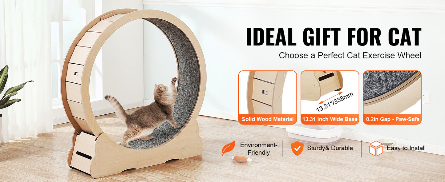 SucceBuy Wooden Cat Exercise Wheel, Treadmill Wheel for Indoor Cat, Running Wheel with Detachable Carpet& Cat Teaser