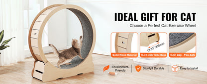 SucceBuy Wooden Cat Exercise Wheel, Treadmill Wheel for Indoor Cat, Running Wheel with Detachable Carpet& Cat Teaser