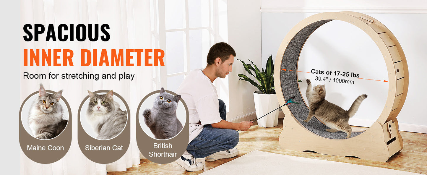 SucceBuy Wooden Cat Exercise Wheel, Treadmill Wheel for Indoor Cat, Running Wheel with Detachable Carpet& Cat Teaser