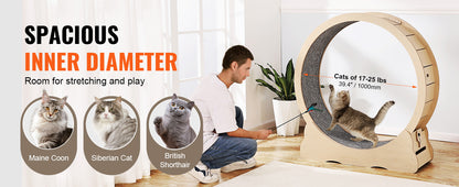 SucceBuy Wooden Cat Exercise Wheel, Treadmill Wheel for Indoor Cat, Running Wheel with Detachable Carpet& Cat Teaser