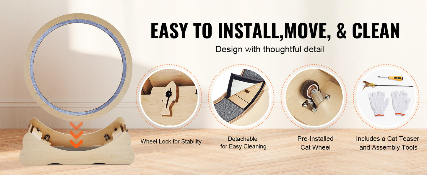 SucceBuy Wooden Cat Exercise Wheel, Treadmill Wheel for Indoor Cat, Running Wheel with Detachable Carpet& Cat Teaser