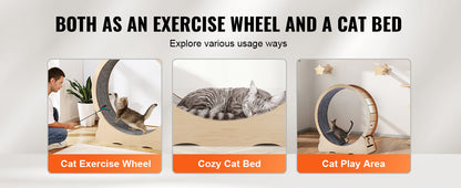 SucceBuy Wooden Cat Exercise Wheel, Treadmill Wheel for Indoor Cat, Running Wheel with Detachable Carpet& Cat Teaser