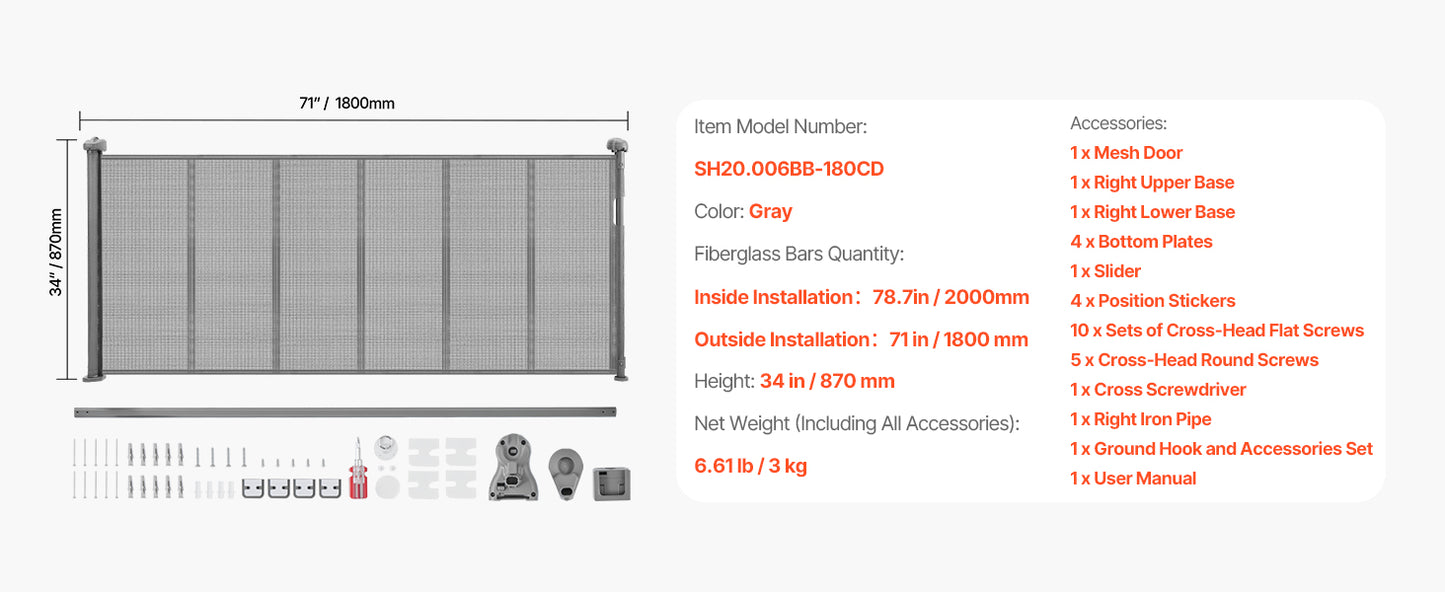 SucceBuy 55/71/110in Retractable Gate , 34in Tall , Extends Wide and Retractable Gate for Kids and Pets , Mesh Material , Easy to Install
