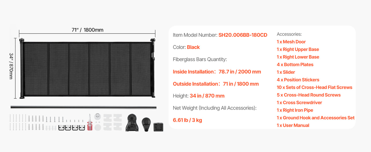 SucceBuy 55/71/110in Retractable Gate , 34in Tall , Extends Wide and Retractable Gate for Kids and Pets , Mesh Material , Easy to Install