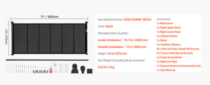 SucceBuy 55/71/110in Retractable Gate , 34in Tall , Extends Wide and Retractable Gate for Kids and Pets , Mesh Material , Easy to Install